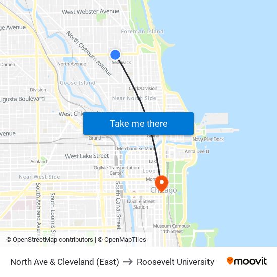 North Ave & Cleveland (East) to Roosevelt University map