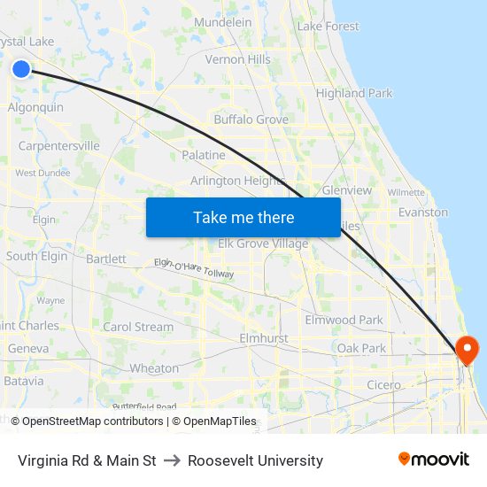 Virginia Rd & Main St to Roosevelt University map