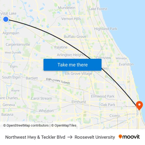 Northwest Hwy & Teckler Blvd to Roosevelt University map