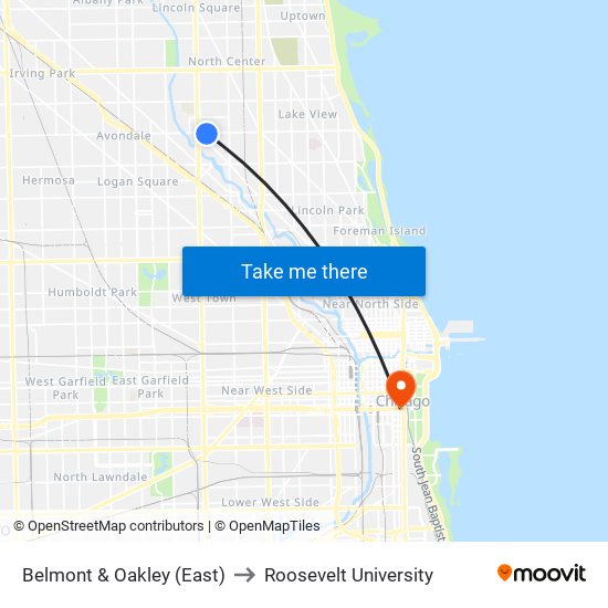 Belmont & Oakley (East) to Roosevelt University map