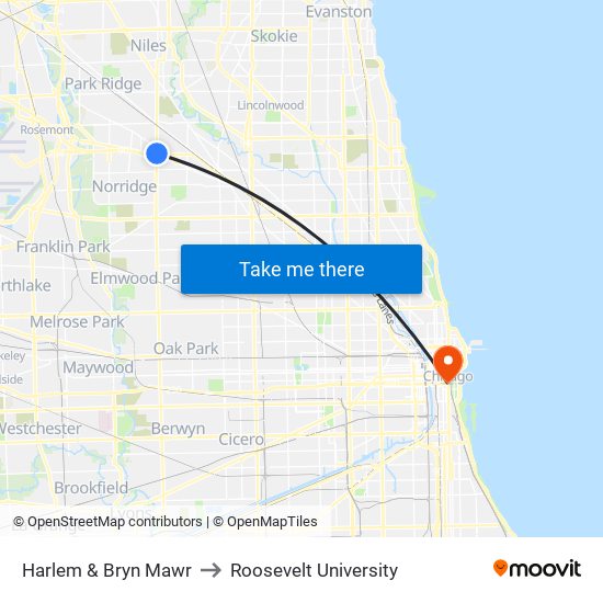 Harlem & Bryn Mawr to Roosevelt University map