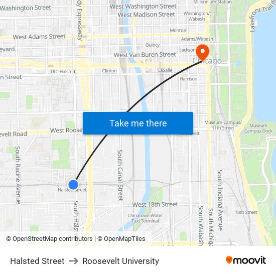 Halsted Street to Roosevelt University map