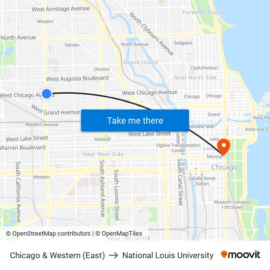 Chicago & Western (East) to National Louis University map