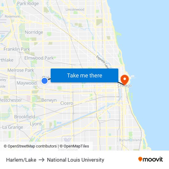 Harlem/Lake to National Louis University map