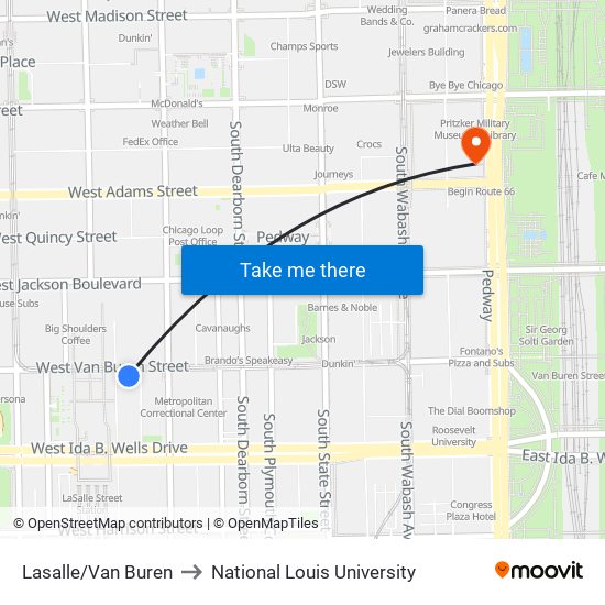 Lasalle/Van Buren to National Louis University map