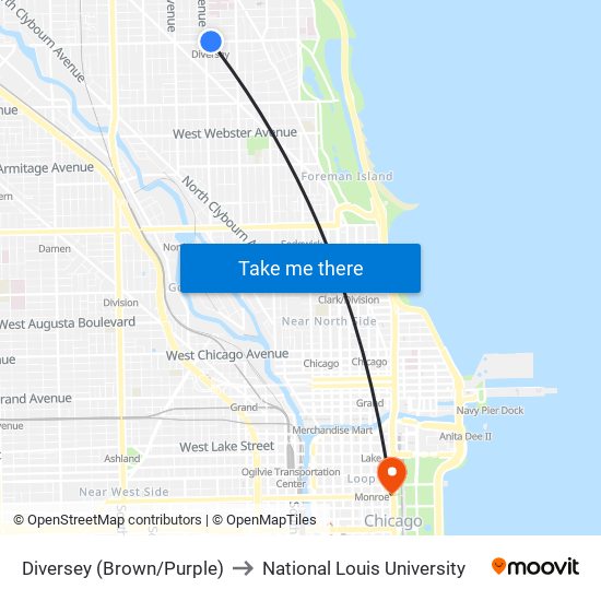 Diversey (Brown/Purple) to National Louis University map