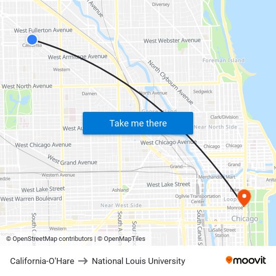 California-O'Hare to National Louis University map