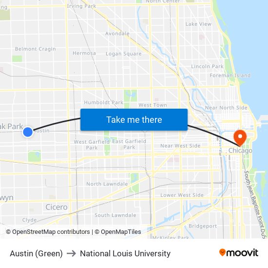 Austin (Green) to National Louis University map