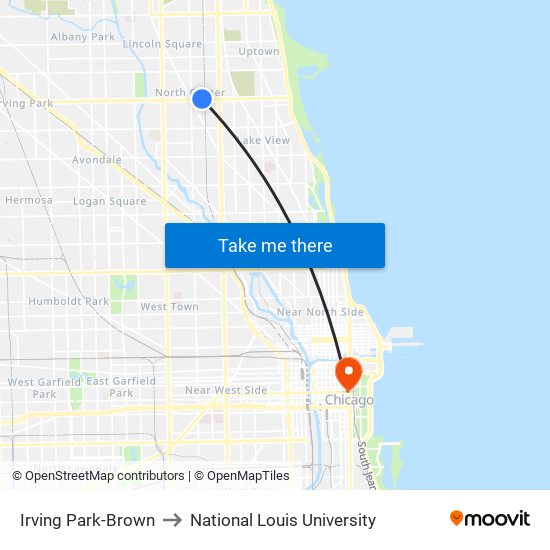 Irving Park-Brown to National Louis University map