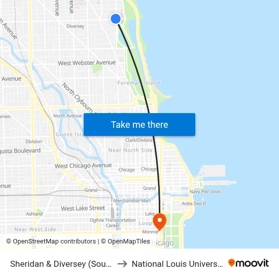 Sheridan & Diversey (South) to National Louis University map