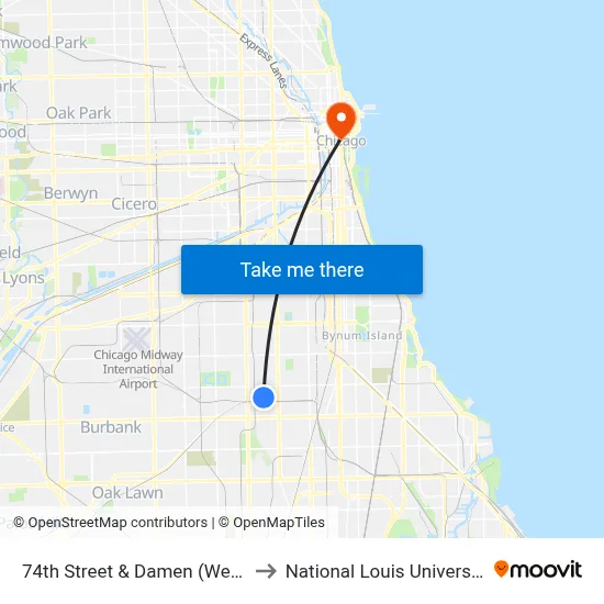 74th Street & Damen (West) to National Louis University map