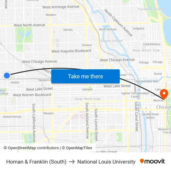 Homan & Franklin (South) to National Louis University map