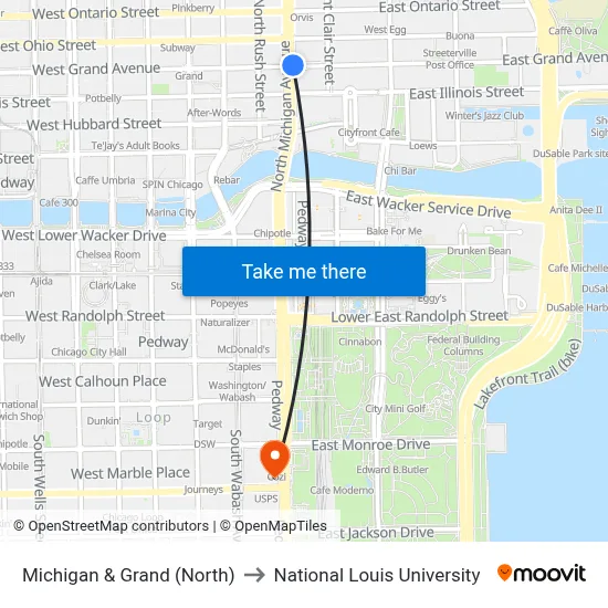 Michigan & Grand (North) to National Louis University map