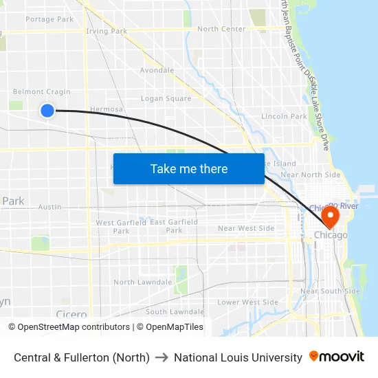 Central & Fullerton (North) to National Louis University map