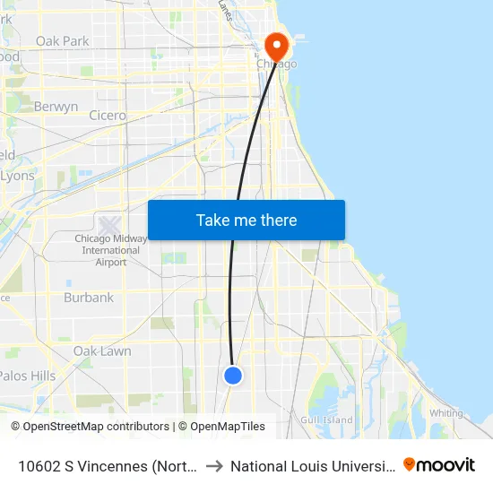 10602 S Vincennes (North) to National Louis University map