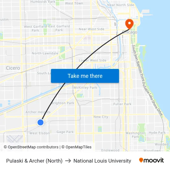 Pulaski & Archer (North) to National Louis University map