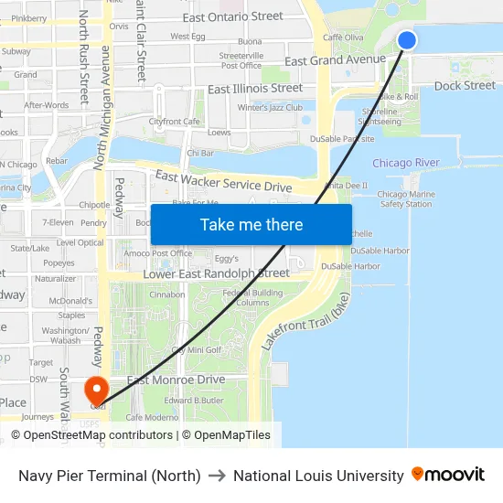 Navy Pier Terminal (North) to National Louis University map