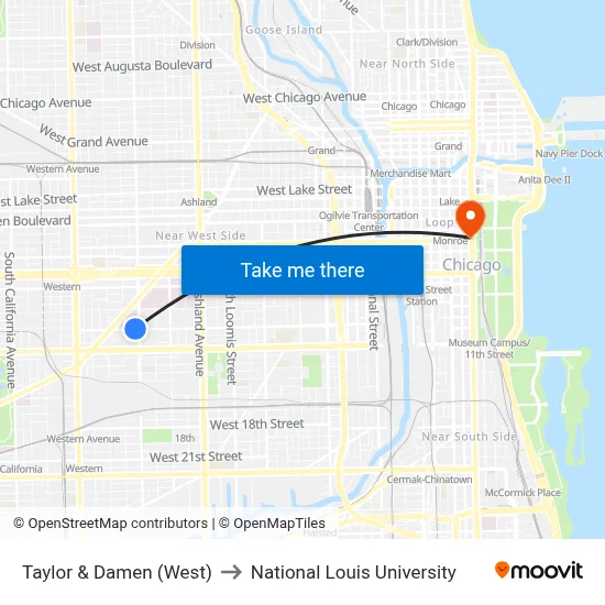 Taylor & Damen (West) to National Louis University map