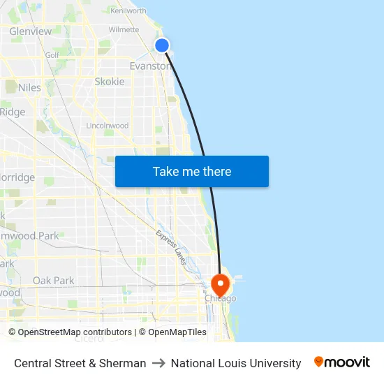 Central Street & Sherman to National Louis University map