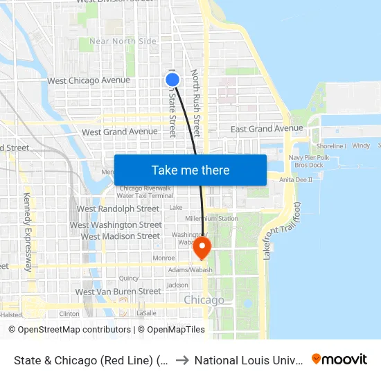 State & Chicago (Red Line) (South) to National Louis University map