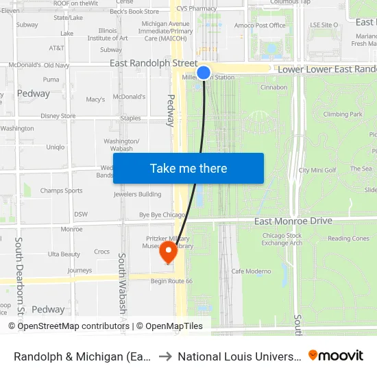 Randolph & Michigan (East) to National Louis University map