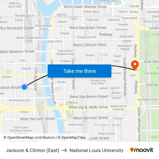 Jackson & Clinton (East) to National Louis University map