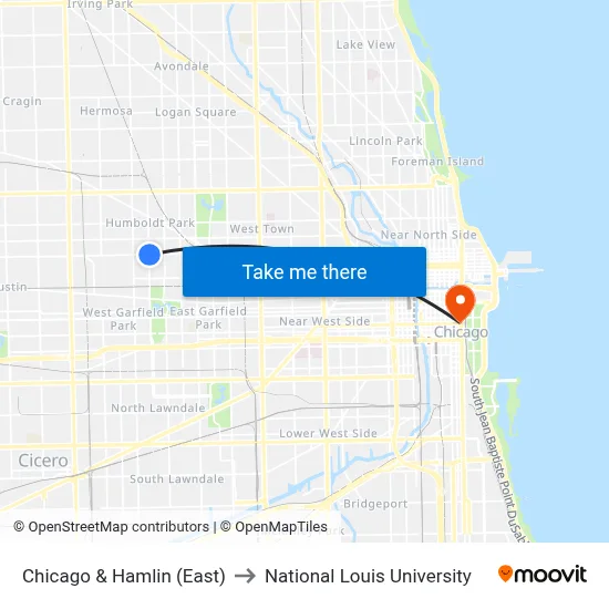 Chicago & Hamlin (East) to National Louis University map