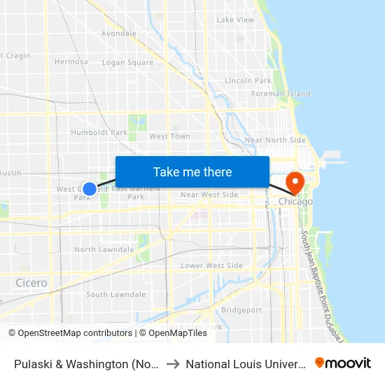 Pulaski & Washington (North) to National Louis University map