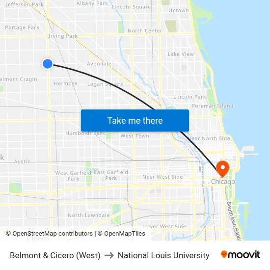 Belmont & Cicero (West) to National Louis University map