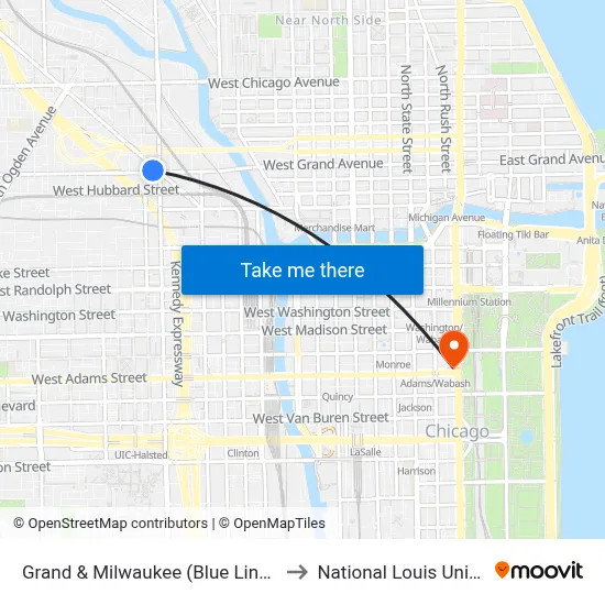 Grand & Milwaukee (Blue Line) (West) to National Louis University map