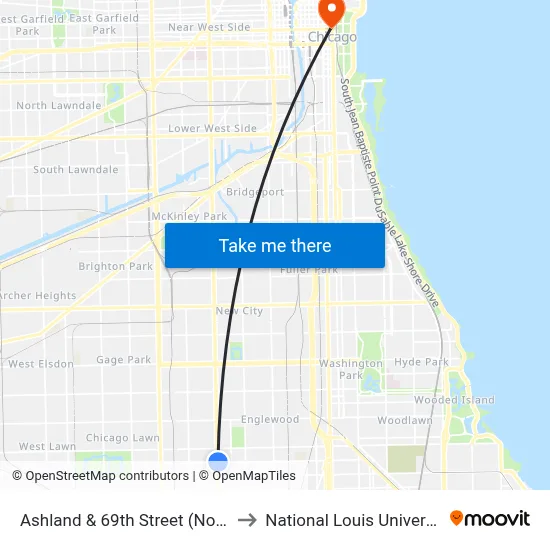Ashland & 69th Street (North) to National Louis University map