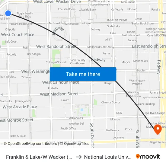Franklin & Lake/W Wacker (North) to National Louis University map