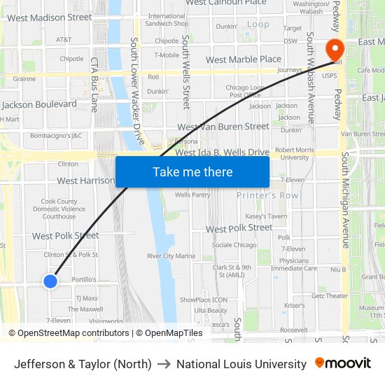 Jefferson & Taylor (North) to National Louis University map