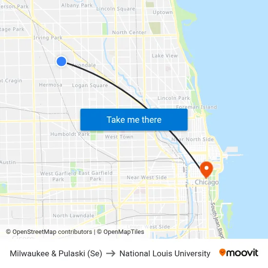 Milwaukee & Pulaski (Se) to National Louis University map