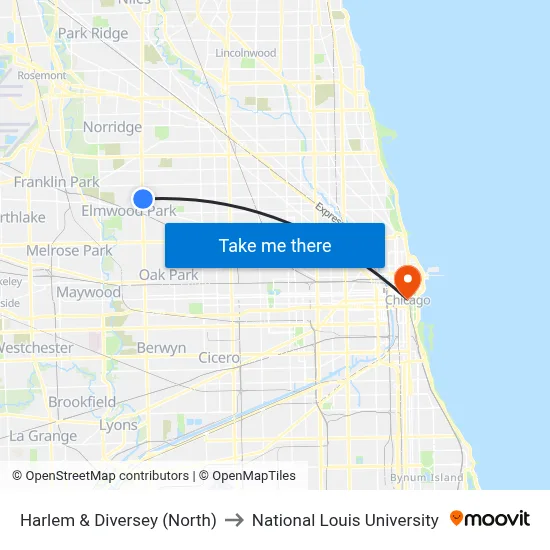 Harlem & Diversey (North) to National Louis University map