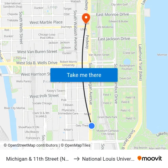 Michigan & 11th Street (North) to National Louis University map