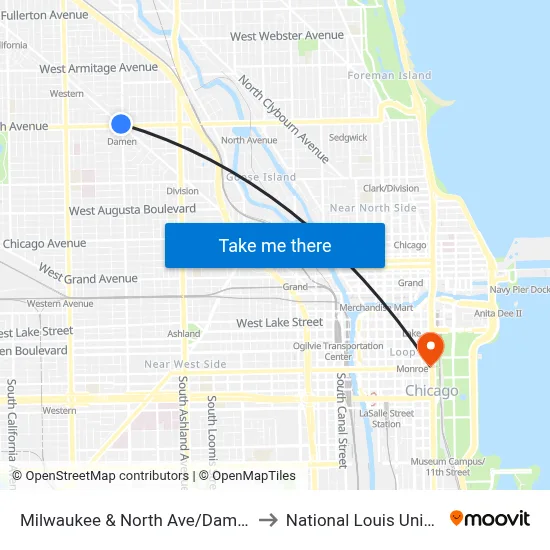 Milwaukee & North Ave/Damen (Nw) to National Louis University map