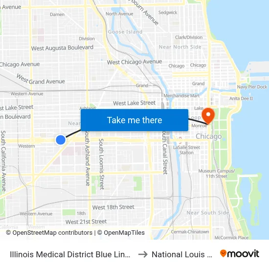 Illinois Medical District Blue Line Station (North) to National Louis University map