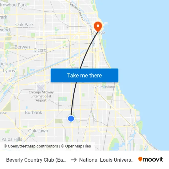 Beverly Country Club (East) to National Louis University map