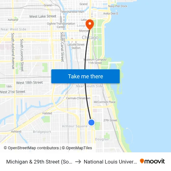 Michigan & 29th Street (South) to National Louis University map