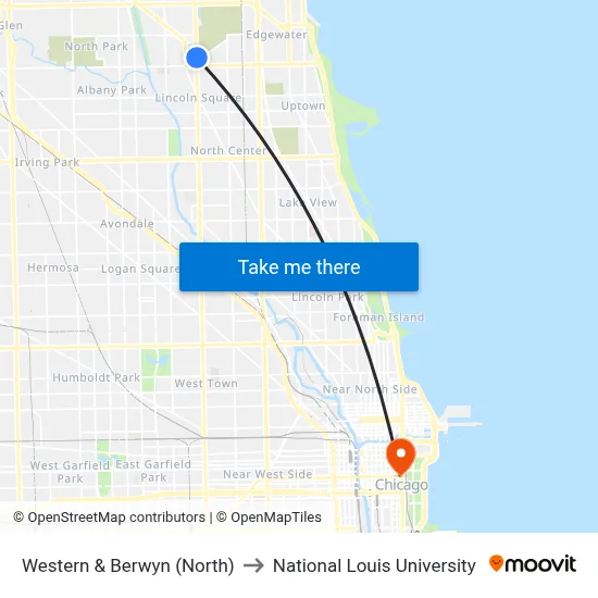 Western & Berwyn (North) to National Louis University map