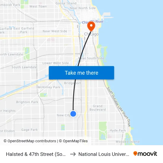 Halsted & 47th Street (South) to National Louis University map