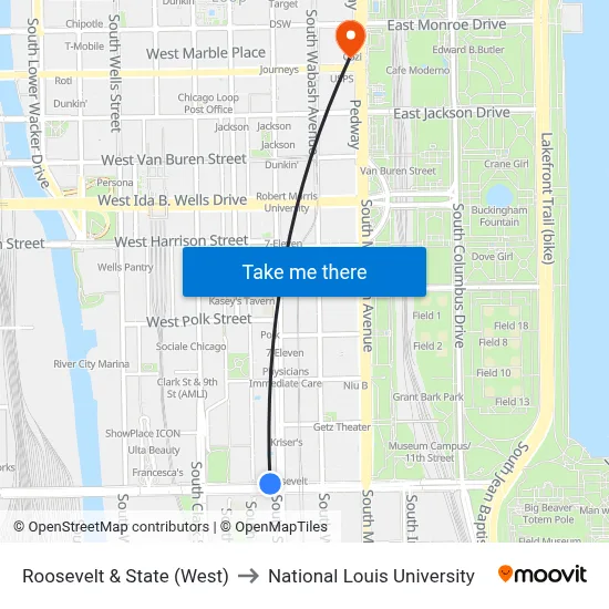 Roosevelt & State (West) to National Louis University map