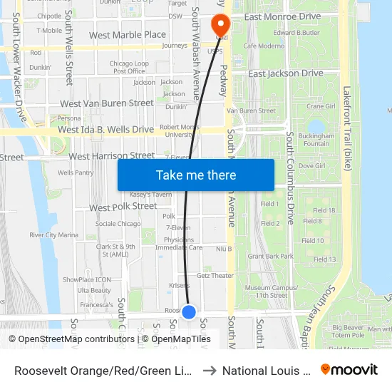 Roosevelt Orange/Red/Green Line Station (West) to National Louis University map