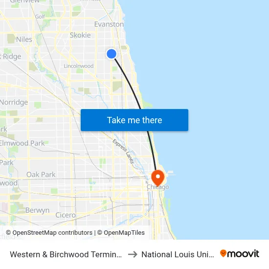 Western & Birchwood Terminal (West) to National Louis University map