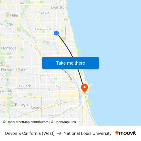 Devon & California (West) to National Louis University map