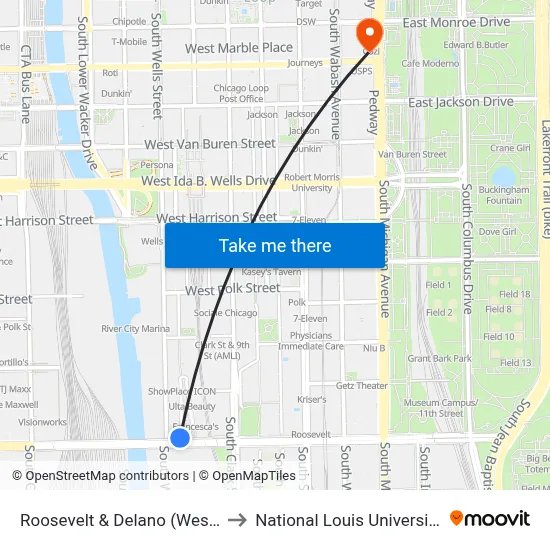 Roosevelt & Delano (West) to National Louis University map