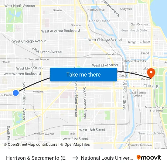 Harrison & Sacramento (East) to National Louis University map