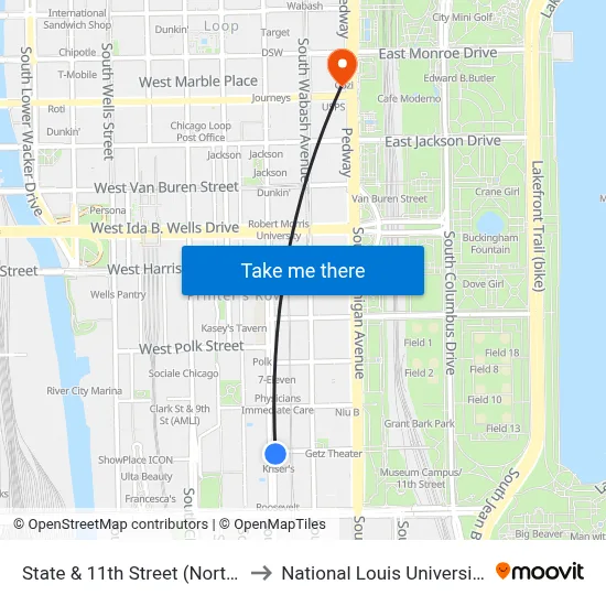 State & 11th Street (North) to National Louis University map
