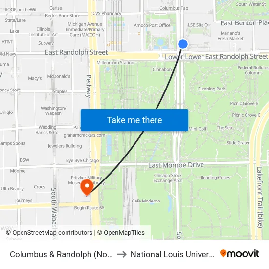 Columbus & Randolph (North) to National Louis University map
